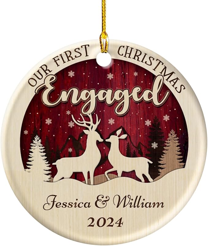 wowcugi Personalized First Christmas Engaged Ornament Personalized Reindeer Couple Ceramic Ornaments Engagement Ornament Wedding Keepsake Gifts for Newlywed Xmas Tree Decorations