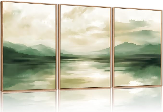 FWIEXA Sage Green Abstract Canvas Wall Art Set of 3, Framed Beige White Mountain Painting, Neutral Watercolor Landscape Prints, Nature Mountains Lake Prints, 16x24In Artwork for Living Room, Bedroom