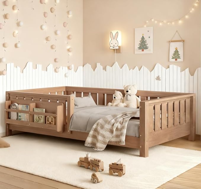 Bellemave Twin Size Floor Bed with high Rails and with Built-in Bookshelf for Kids, Girls, Boys, Wood Montessori Floor Bed Without Door, Natural
