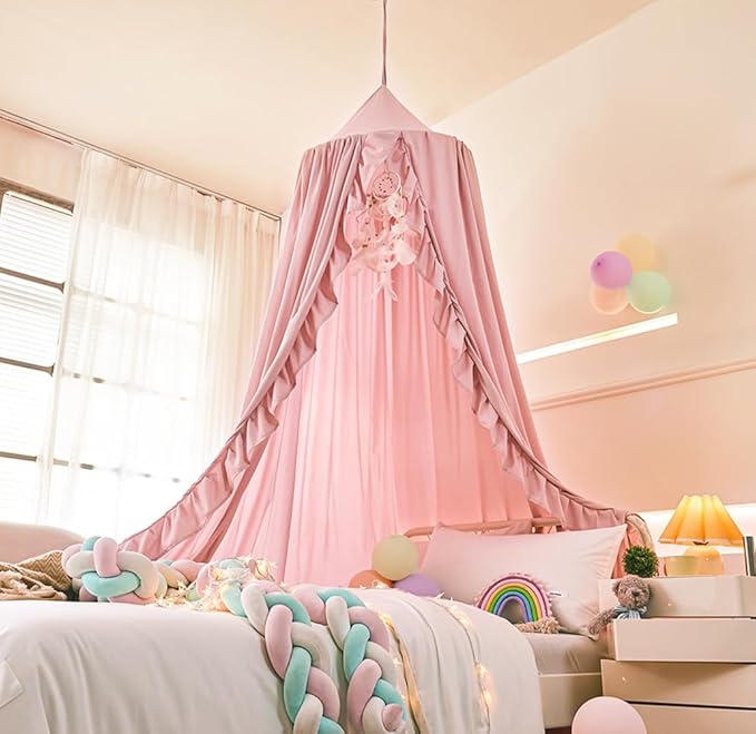 Mengersi Bed Canopy for Girls,Ruffled Canopy Bed Curtains Canopy for Girls Room,Hanging Canopy Princess Play Tent for Reading Nook Play Room Decor (Beige Pink)
