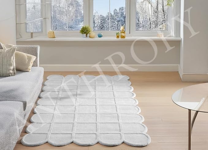 Selena Scallop Area Rug – 8' R – Handmade Wool Area Rugs – Light Grey – Rugs for Living Room, Bedroom – Anti-Skid – Carpets with Non-Slip Natural Backing with 100% Cotton