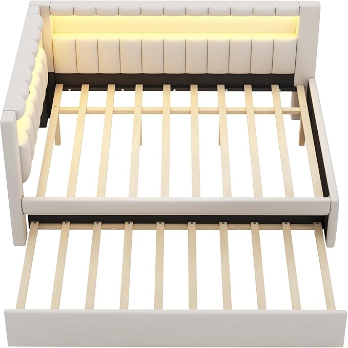 Full Size Daybed with Trundle and L-Shaped Bookshelf Headboard, Linen Upholstered Soft Corner Bed with Storage Shelves, Charging Station and LED Belt for Kids Boys Girls, White