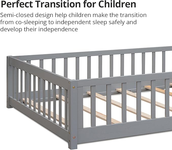 LLS Twin Floor Bed for Kids Solid Wood Montessori Bed Frame with Safety Guardrails Multifunctional Montessori Floor Bed for Toddlers, Without Door, Easy Assemble, Gray