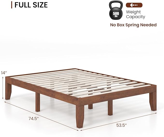 KOMFOTT 14 Inches Wood Platform Bed Frame Full Size, Wooden Mattress Foundation with Rubber Wood Frame, Strong Wooden Slat Support, No Box Spring Needed, Bed Frame (Brown Cherry)