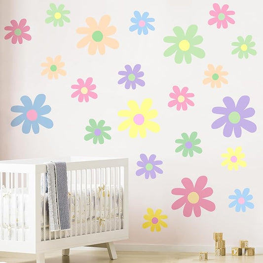 12 Sheets Daisy Wall Decals, Pastel Style Flowers Wall Stickers, Vinyl Peel and Stick Cute Boho Floral Decals, Large Daisy Floral Wall Decor for Girls Teens Nursery Bedroom Living Room