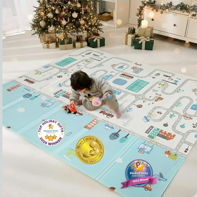 Bammax Extra Large 78" x 70" x 0.4" XPE Foam Baby Play Mat + Travel Bag | Waterproof, Reversible & Foldable Padded Playmat | Baby Crawling Mat & Kids Play Mat – Cars & Fire Engine