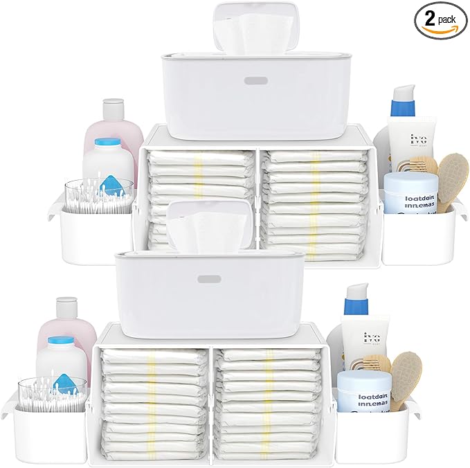 Lifewit 2Pcs Baby Diaper Caddy Organizer, Nursery Wipes Diaper Organizer for Changing Table, Storage for Diapers, Wipes, and More Baby Stuff, White