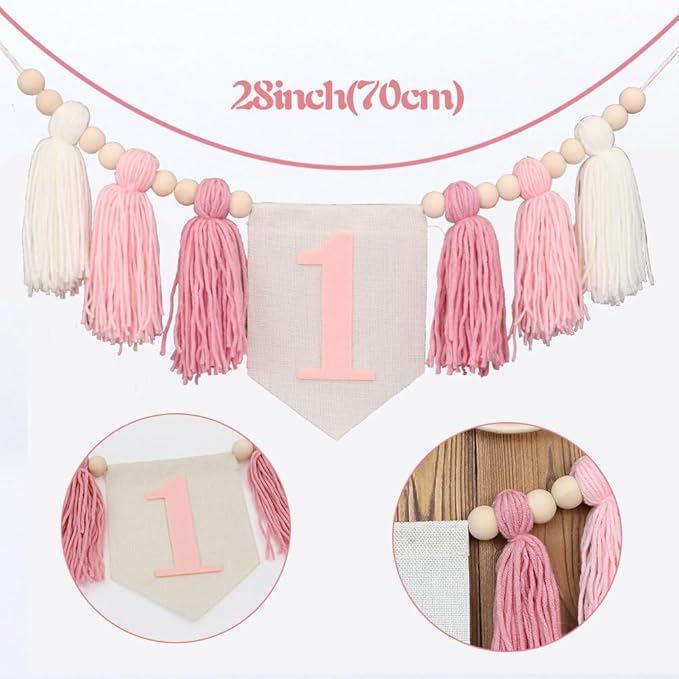 Boho Pink Handmade 1st Birthday High Chair Banner First Highchair Banner For Baby Girls Wild One Wall Hangings Wood Bead Tassel Garland 1 Birthday Party Decorations Photoshoot Props Photo Props