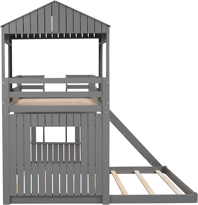 MERITLINE House Bed Bunk Beds with Slide Twin Over Full Size Bunk Bed Frame with Slide,Wooden Playhouse - Design Slide Bunk Beds Twin Over Full Bunk for Boys and Girls