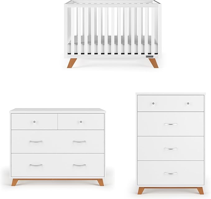 Child Craft SOHO Crib, 3-Drawer Dresser Nursery Set, Chest, 3-Piece, Includes 4-in-1 Convertible Crib, Dresser, Chest (White/Natural)