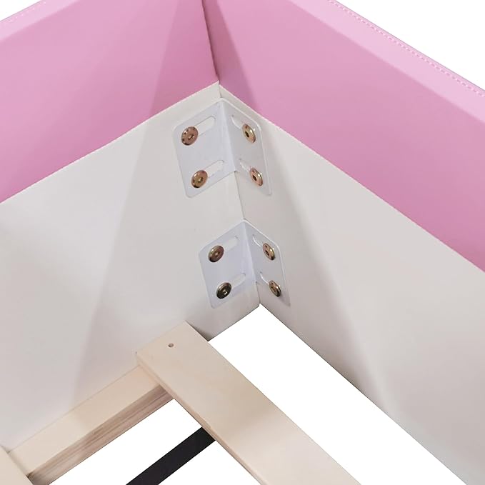 Merax Upholstered Kids' Daybed, Daybed Frame with Fence and Stairs, No Box Spring Needed, Twin Size, Pink+White