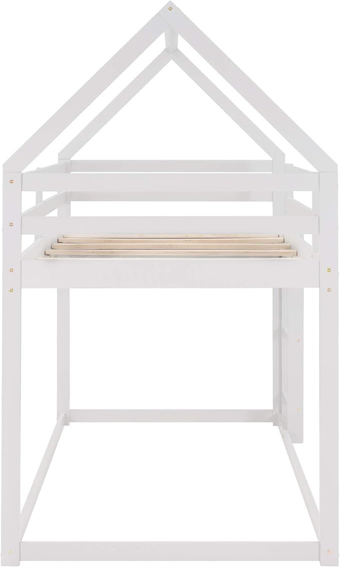 MERITLINE House Shaped Bunk Bed Twin Over Twin Size Wood Bunk Bed Frame Low Bunk Beds for Kids and Toddlers, Twin Size,White