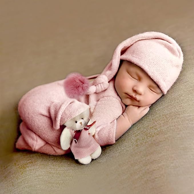 Ylsteed Newborn Photography Outfits - Girls & Boys Photo Shoot Costume Set - Infant Romper & Elf Hat (Pink)