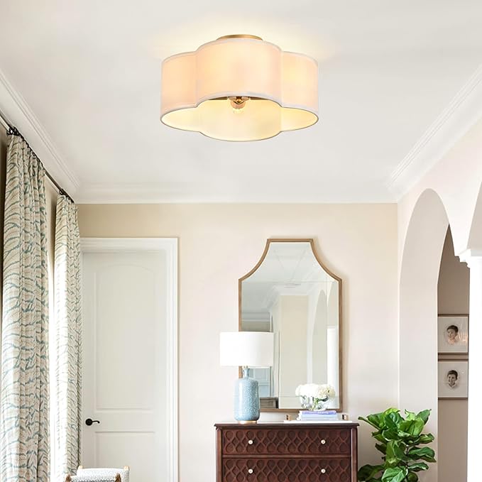 Gold 4-Light Semi Flush Mount Ceiling Light, White Fabric Close to Ceiling Light Fixtures, Clover Drum Ceiling lamp for Bedroom, Hallway, Kitchen, Corridor, Lanudry Room, Nursery