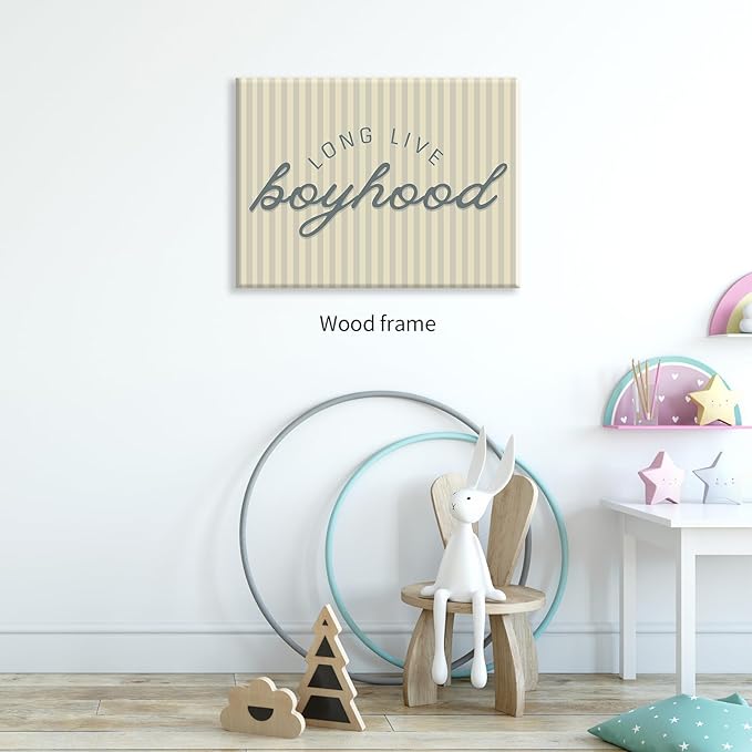 Long Live Boyhood Quote Wall Art Preppy Blue Stripe Poster 08x10 inch Framed Modern Fashion Minimalist Canvas Prints for Boy Nursery Bedroom Wall Decor