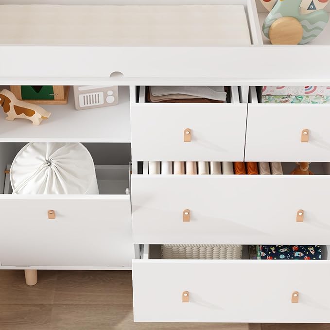 Baby Changing Table Dresser with 5 Drawers, Baby Nursery Dresser with Tilt Out Laundry Basket, Infant Changing Station Organizer for Nursery and Bedroom, White (45" W x 18" D x 37" H)