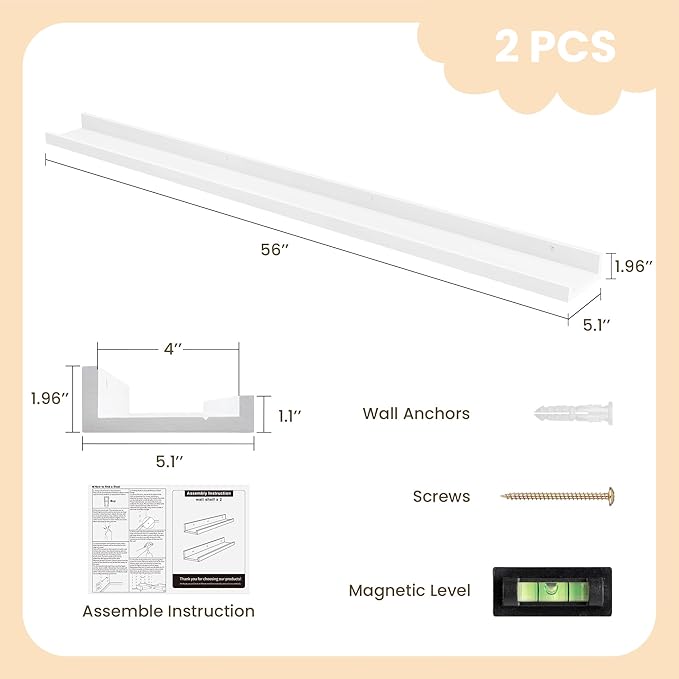 Fun Memories Picture Ledge Shelf, Pine Wood Floating Shelves Set of 2, 55 inch Nursery Book Shelves, Photo Ledge Book Shelves Wall Mounted for Living Room Kids' Room Bedroom - White