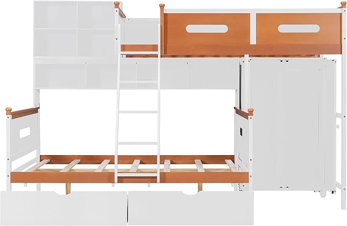 Twin Over Full Bunk Bed with Wardrobe and Drawers, Wooden Bunk Bed with Shelves and Cabinet for Kids Teens Adult Bedroom, Space Saving Design
