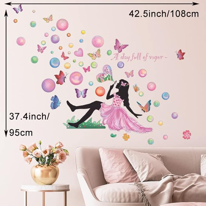 Fairy Girl Blowing Bubble Wall Decal with Colorful Flying Butterfly and Flower Wall Sticker 42.5x37.4inch Removable Self-adhsive Vinyl Wallpaper for Kids Bedroom Nursery Home Decors