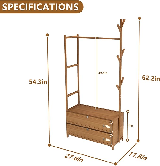 Upgraded Hanging Rack Clothing Rack with Drawers,Solid Thickened Clothes Racks with Shelves,27.6inch Width Closet with Drawers,Clothes Racks for Hanging Clothes,Short Closet Dresser