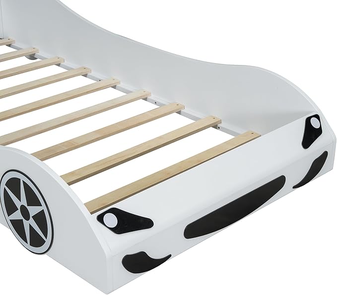 Merax Twin Size Race Car Bed with LED and Upholstered Backrest Headboard, PU Car-Shaped Platform Bedframe with Wheels and Guardrails, Wood Slat Support, No Box Spring Needed