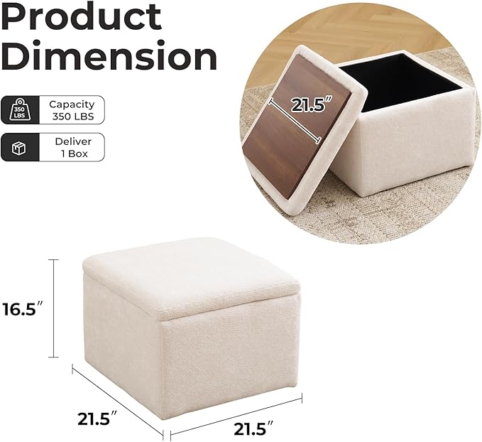 Cube Storage Ottoman, Chenille Ottoman Foot Stools, Ottoman Footstool with Removable Lid, Storage Ottoman for Chair, Multi-Functional Footrest, White