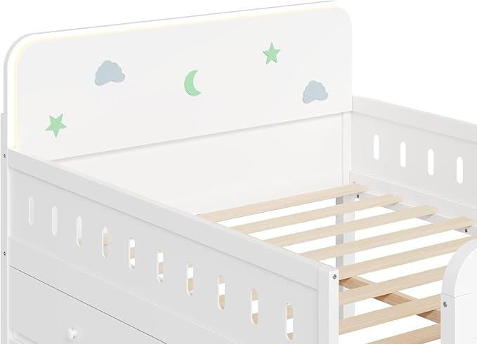 Full Size Platform Bed with Guardrail and 4 Drawers, Wooden Kids Platform Bed Frame with Two-Step Staircases and Light Strip for Boys Girls, Sturdy Slats Support (White-11A)