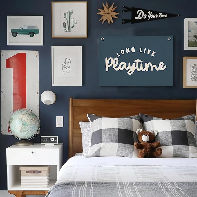 Playroom Decor for Boy, Long Live Playtime Wall Hanging Linen Banner, Blue Striped Wall Flag for Kids Room Nursery Playroom Decor, 20x30 Inch-Navy Blue