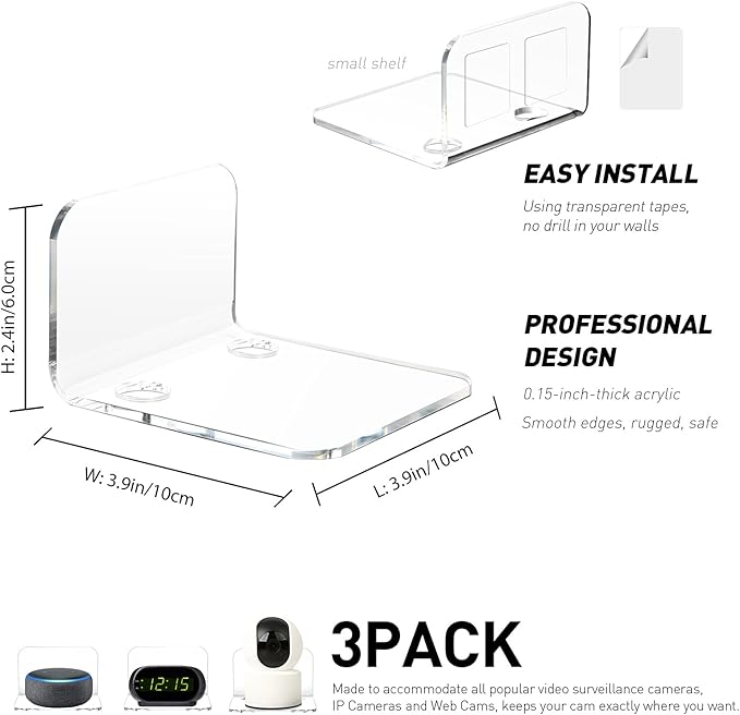 OAPRIRE Acrylic Floating Wall Shelves Set of 3 for Security Cameras, Baby Monitors, Speakers - Universal Small Wall Shelf with Cable Clips, 10-Piece Strong Tapes, No Drill (Clear)