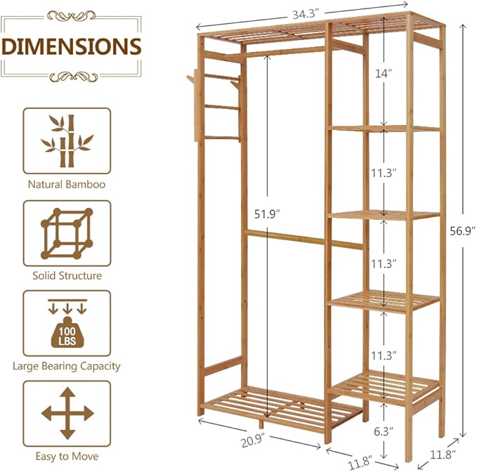 Ufine Bamboo Garment Rack 6 Tier Storage Shelves Clothes Hanging Stand with Side Hooks, Heavy Duty Clothing Rack Portable Wardrobe Closet Organizer
