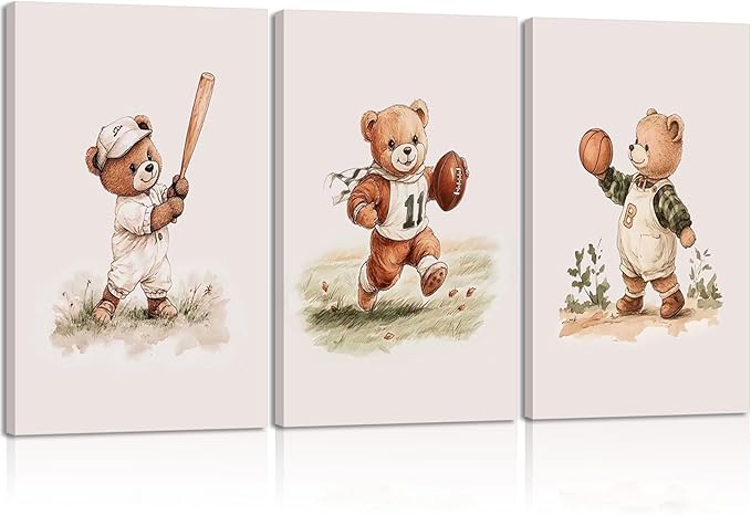 3Pcs Nursery Bear Canvas Wall Art Nursery Animal Poster Prints Teddy Bear Painting Boy Sports Picture Football Basketball Kids Room Artwork Wall Decor for Children Bedroom Playroom 12x16in Framed