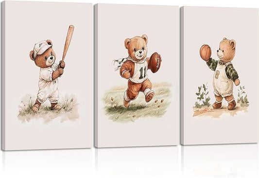 3Pcs Nursery Bear Canvas Wall Art Nursery Animal Poster Prints Teddy Bear Painting Boy Sports Picture Football Basketball Kids Room Artwork Wall Decor for Children Bedroom Playroom 12x16in Framed