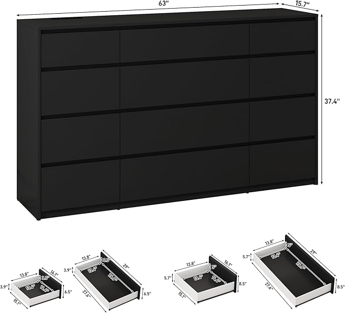 Black Malm Dresser for Bedroom, 63" Wide 37" Tall Dresser with 12 Drawers & Charging Station, Modern Large Wood Chest of Drawers Handle Free for Bedroom, Living Room, Entryway, Hallway, Black
