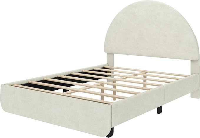 Max & Lily Upholstered Full Bed Frame with Arch Headboard, Upholstered Platform Bed for Kids, No Box Spring Needed, Easy Assembly, Cream