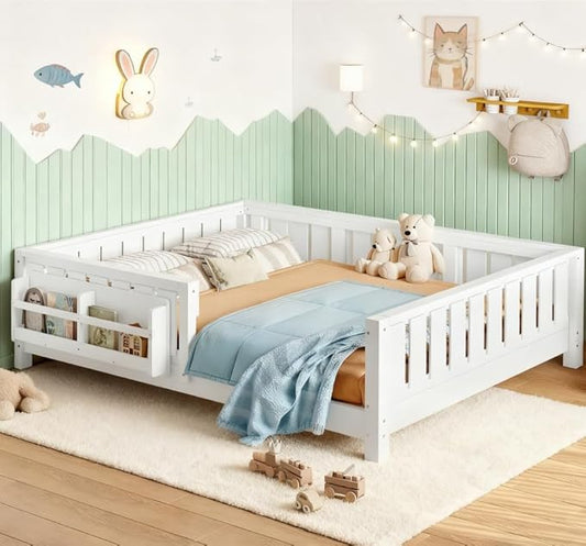 Bellemave Full Size Floor Bed with high Rails and with Built-in Bookshelf for Kids, Girls, Boys, Wood Montessori Floor Bed Without Door, White