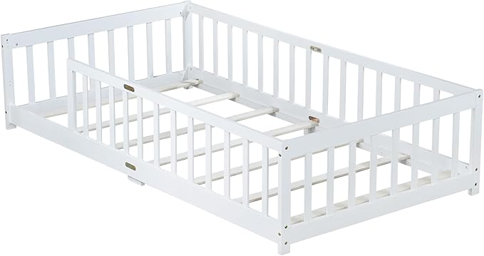 Twin Size Montessori Floor Bed with Wood Slats for Kids Bedroom,Wood Montessori Bed Frame with Safety Guardrails for Girls & Boys,Space Saving Design,White