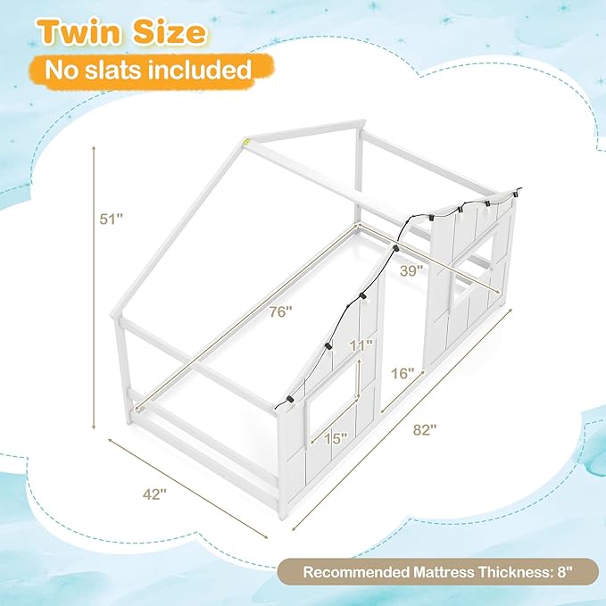 Twin Montessori Floor Bed with Roof, LED Light, Wood House Bed Frame with Headboard and 2 Windows, Low to Ground Cute Playhouse Bed for Kids, Girls, Boys, Without Slats (White)