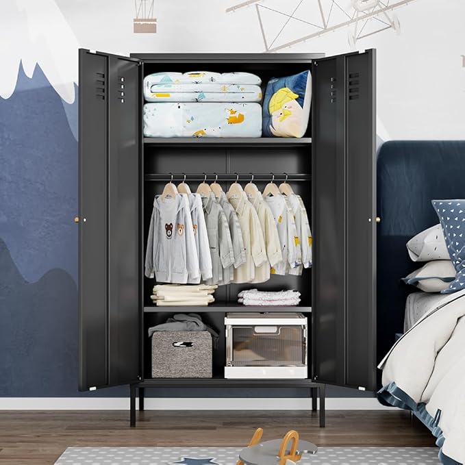 2 Door Metal Wardrobe,Storage Cabinet with Hanging Rod and 2 Freely Adjustable Shelves，Kids Tall Metal Armoire Closet for Kids Bedroom, Laundry Room,Home Bedroom(Steel Wardrobe, Black)
