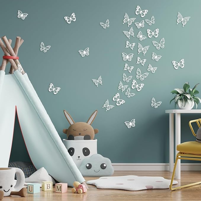 60Pcs Butterfly Wall Stickers 3D Butterflies Stickers Removable Mural Decor for Kids Room Bedroom Decor Living Room Decor (White)