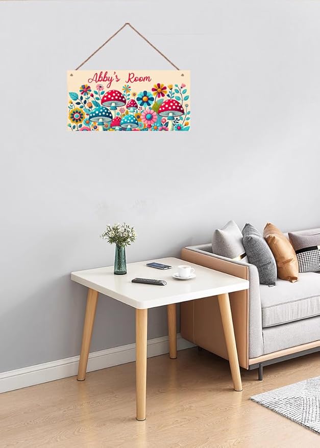 Personalized Name Vintage Mushroom and Flowers Sign For Girls Room Baby Nursery Door Wood Plaque Hanging Wall Art Decor For Kids Bedroom Nursery Home Kitchen Garden Yard Wall Club