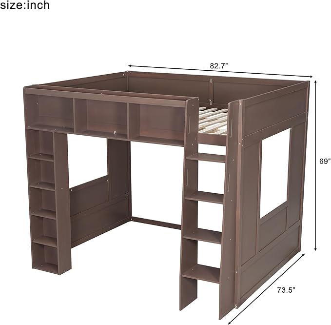 Playhouse Design Queen Size Loft Bed with Built-in Storage Shelves and 2 Windows, Solid Wood Loft Bed Frame with Safety Guardrail for Kids Teens Boys Girls, Space-Saving (Brown-12.9)