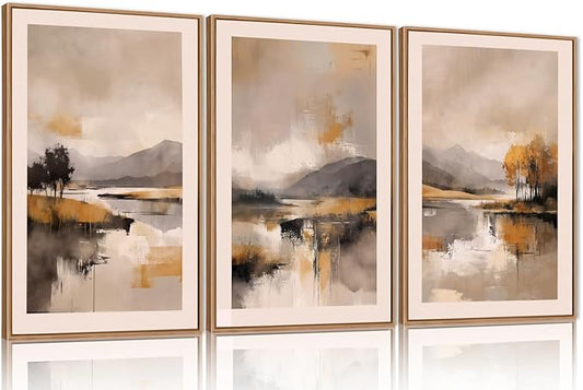 FWIEXA Abstract Neutral Canvas Wall Art Set , Beige Grey Fall Mountain Framed Wall Decor, 3 Panel 16x24 Inches Watercoler Lake Artwork, Brush Stroke Autumn Forest Landscape Prints for Living Room, Office, Bedroom