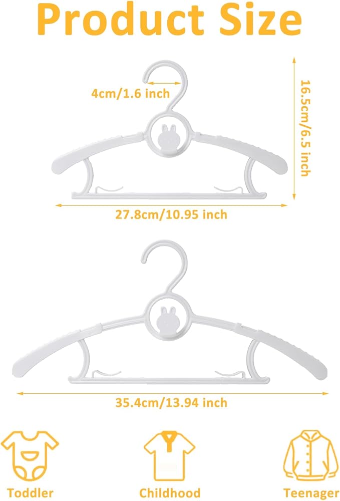 30 Pack Baby Hangers, 11"-14" Adjustable Infant Hangers, Non-Slip Kids Hanger, Space Saving Plastic Hanger for Girl Boy Toddler Kids Child (White)