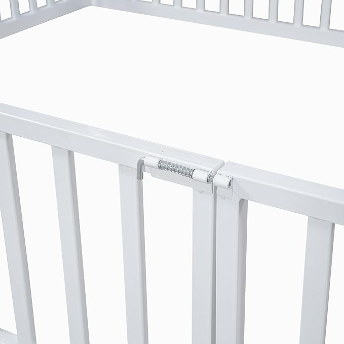 Bellemave Twin Size Kids House Bed - Metal Montessori Floor Bed with Fence and Door, White