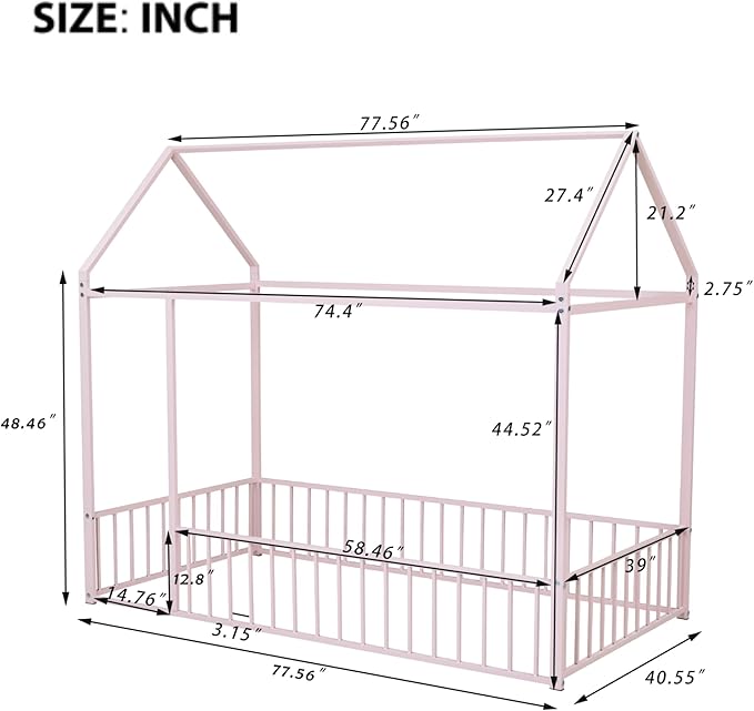 Bellemave Twin Size Montessori Floor Bed, Metal House Bed Framefor Kids, Montessori Floor Beds with Fence, Playhouse for Kids, Pink