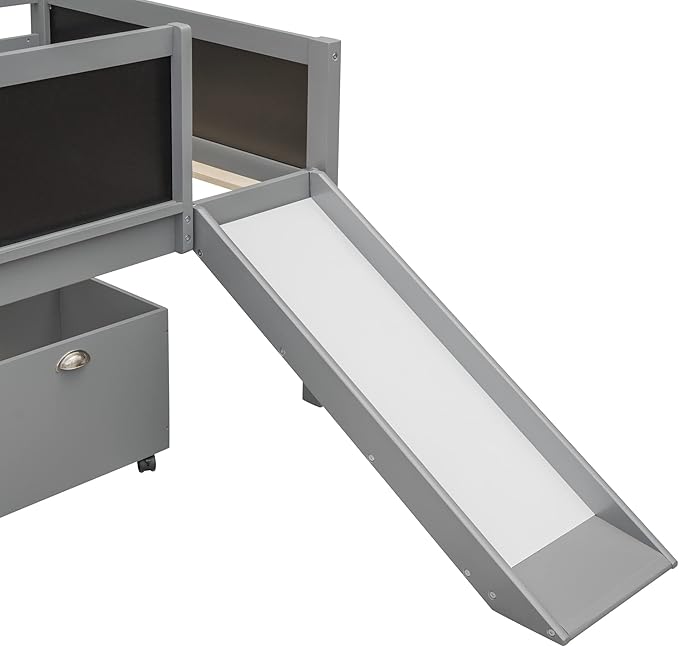 Play Fun Design Twin Size Loft Bed with Slide and Rope Climbing Ladder for Kids Boys Girls, Solid Wood Loft Bed Frame with 2 Storage Boxes and Double-sided Chalkboard, Sturdy Slat Support (Gray-2)