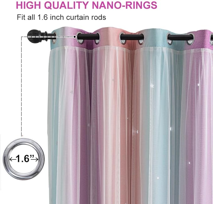 Star Girl and Kids Curtains for Bedroom Rainbow Ombre Double Layer Cute Shot Nursery Darkening Grommet Princess Room Décor 2 Panels Living Room Window Curtain (Pink Purple52W x 95L