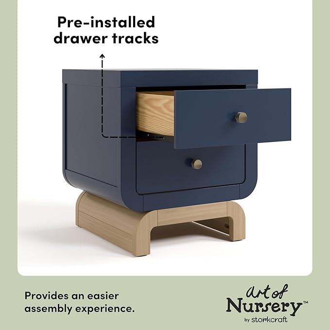 Storkcraft Santorini 2 Drawer Nightstand (Midnight Blue & Driftwood) - GREENGUARD Gold Certified Nightstand for Kids Bedroom, Premium Wood with Curved Base, “Champagne” Metal Knobs