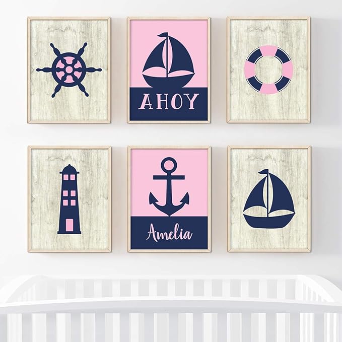 Andaz Press Personalized Girls Ocean Nautical Sailor Theme Nursery Kids Bedroom Hanging Wall Art Decor, 8.5x11-inch, Pink Navy Blue, Ahoy, Boat, 6-Pack, Custom Name Unframed Poster