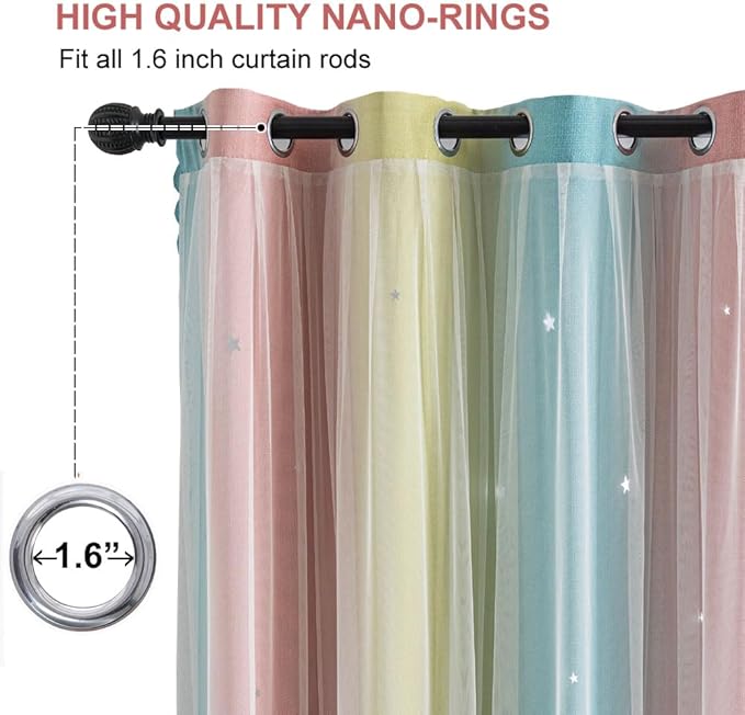 Star Girl and Kids Curtains for Bedroom Rainbow Ombre Double Layer Cute Shot Nursery Darkening Grommet Princess Room Décor 2 Panels Living Room Window Curtain （Blue Pink 52W x 84L）